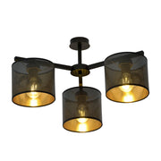 Plafoniera Industrial 3 Luci Cigno In Acciaio Nero E Paralumi A Cilindro Oro
