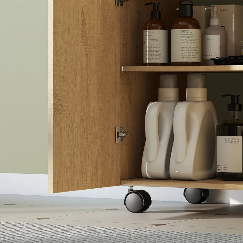 Mobile sottolavabo bagno in legno naturale con ruote, anta soft-close e ripiano regolabile