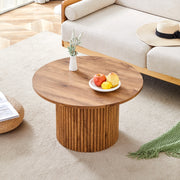 Tavolino basso rotondo in MDF con base a colonna e telaio metallico per soggiorno, effetto legno, 70 × 42 cm