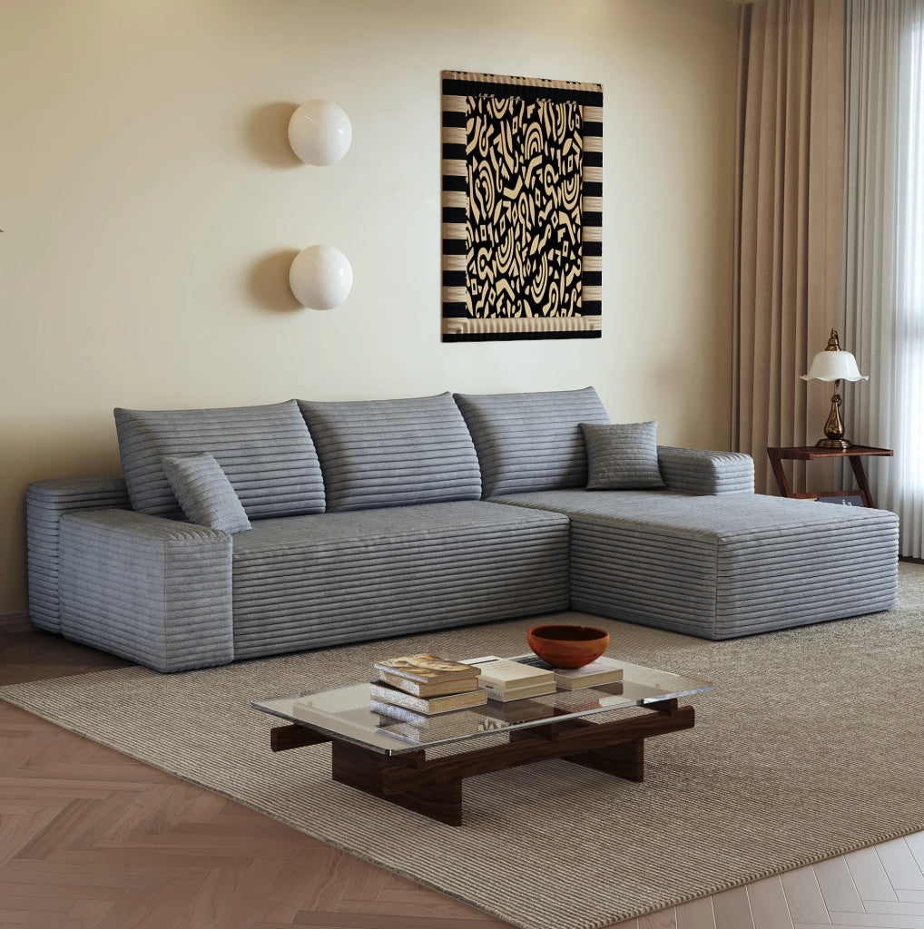 Divano in velluto a coste rigato grigio 270x175x83 cm