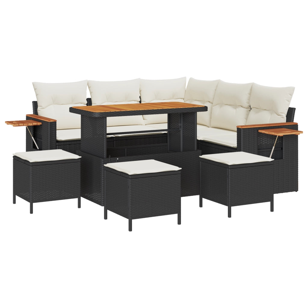 Set di divani da giardino  9 pezzi con cuscini in rattan sintetico nero e acacia