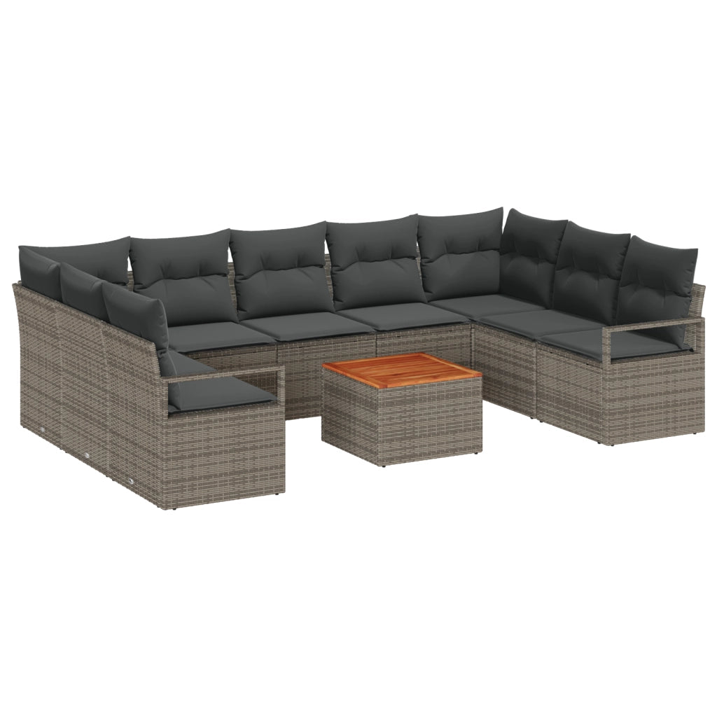 Set di divano da giardino in 10 pezzi con cuscini grigi in polyrattan acacia