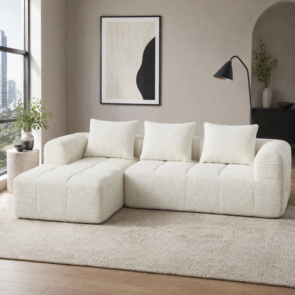 Divano Modulare 3 Posti con Chaise Longue, Tasche laterali e 3 Cuscini, in Ciniglia Beige