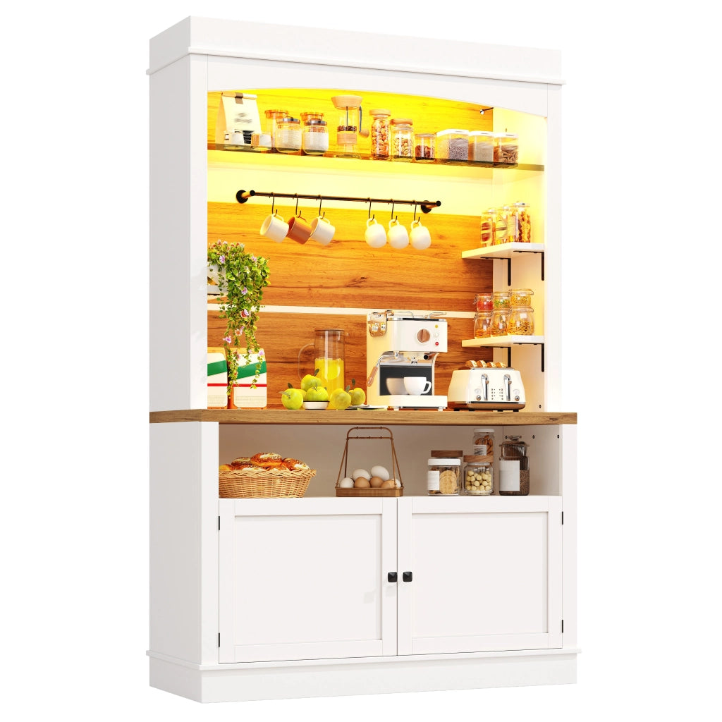Credenza alta con vani aperti; 1 anta; 6 ganci e LED per cucina; in MDF e metallo; bianco; 107×34×184 cm