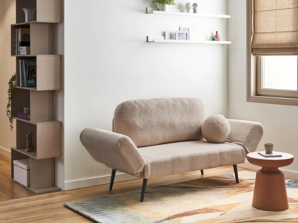 Divano letto con funzione letto cuscino rotondo rivestimento in bouclé gambe in ferro per soggiorno o camera da letto color beige