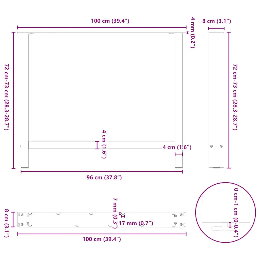 vidaXL Gambe per tavolo da pranzo nere 2 pz 100x(72-73) cm in acciaio