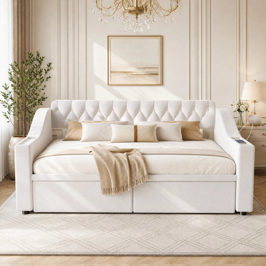 Polsterbett Schlafsofa 90 x 190 cm in velluto beige con contenitore, porte USB e struttura in metallo
