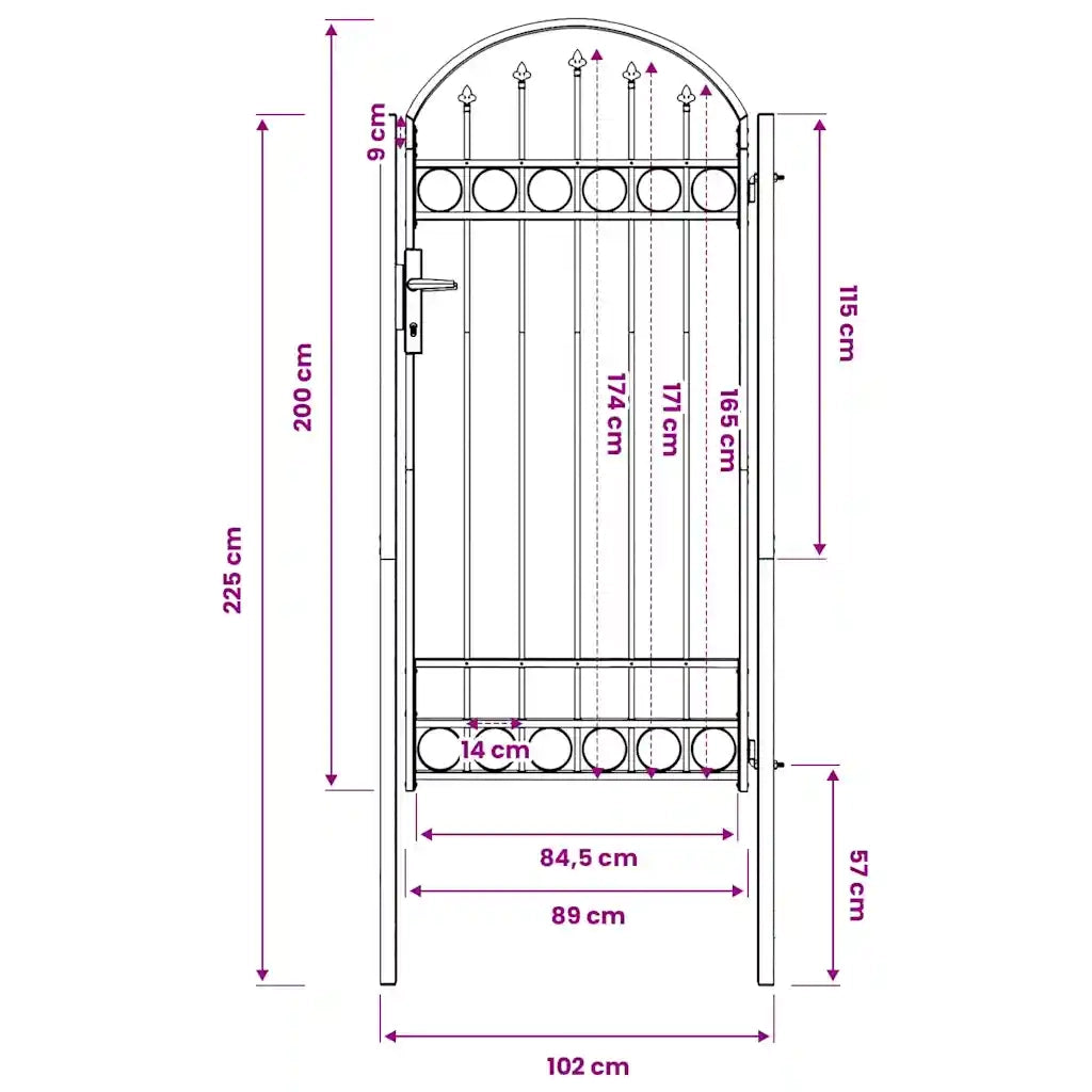 Cancello per recinzione Assen con parte superiore ad arco in acciaio 102x200 cm Nero 146339