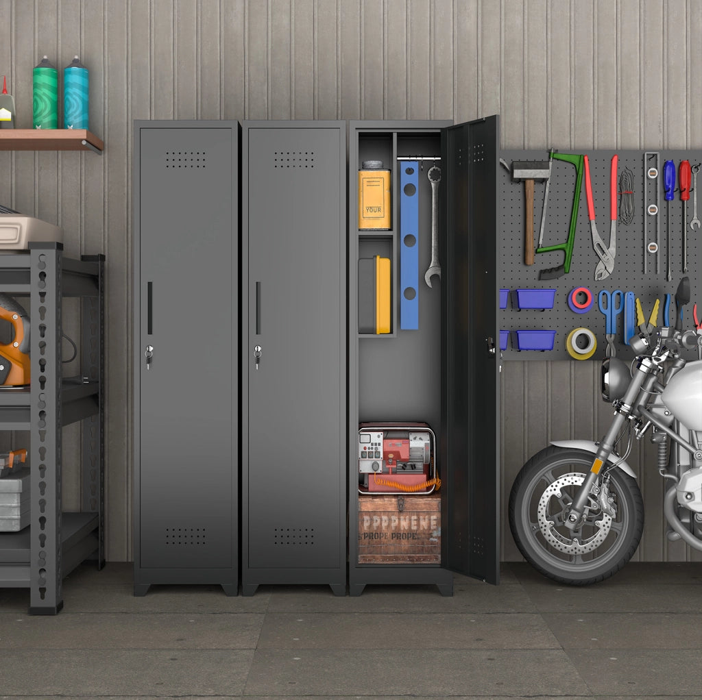 Armadio portascopa slim in metallo nero con 4 scomparti e aste regolabili