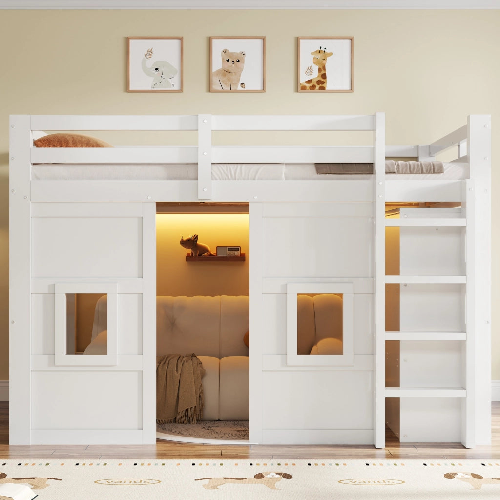 Letto a Soppalco con Armadio Integrato e LED ¨C MINIMAL ¨C Legno Bianco 140x200
