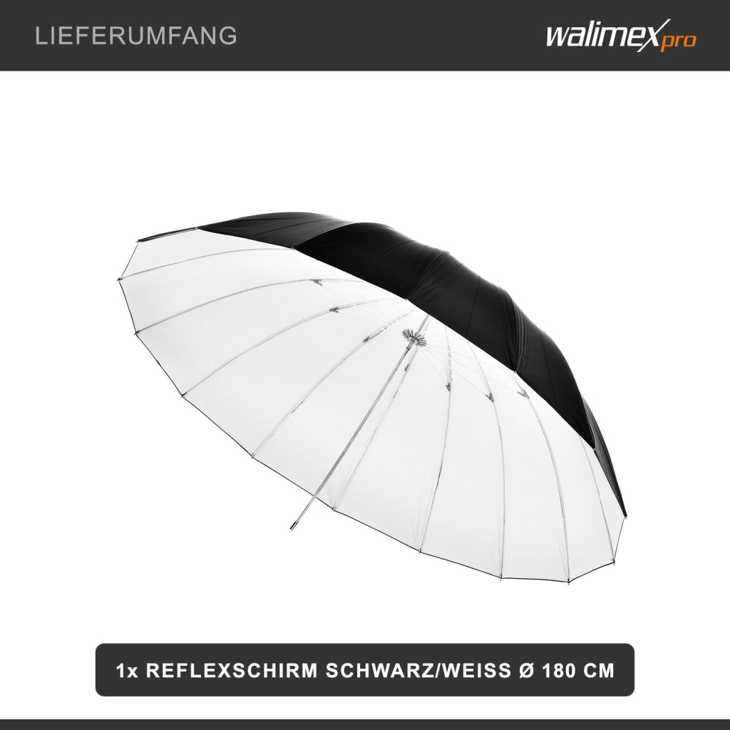 Ombrello reflex Ø 180 cm bianco/nero per luce morbida, riflettore per la riduzione di luce diffusa, sagomatore per flash da studio, ideale per la fotografia di prodotti