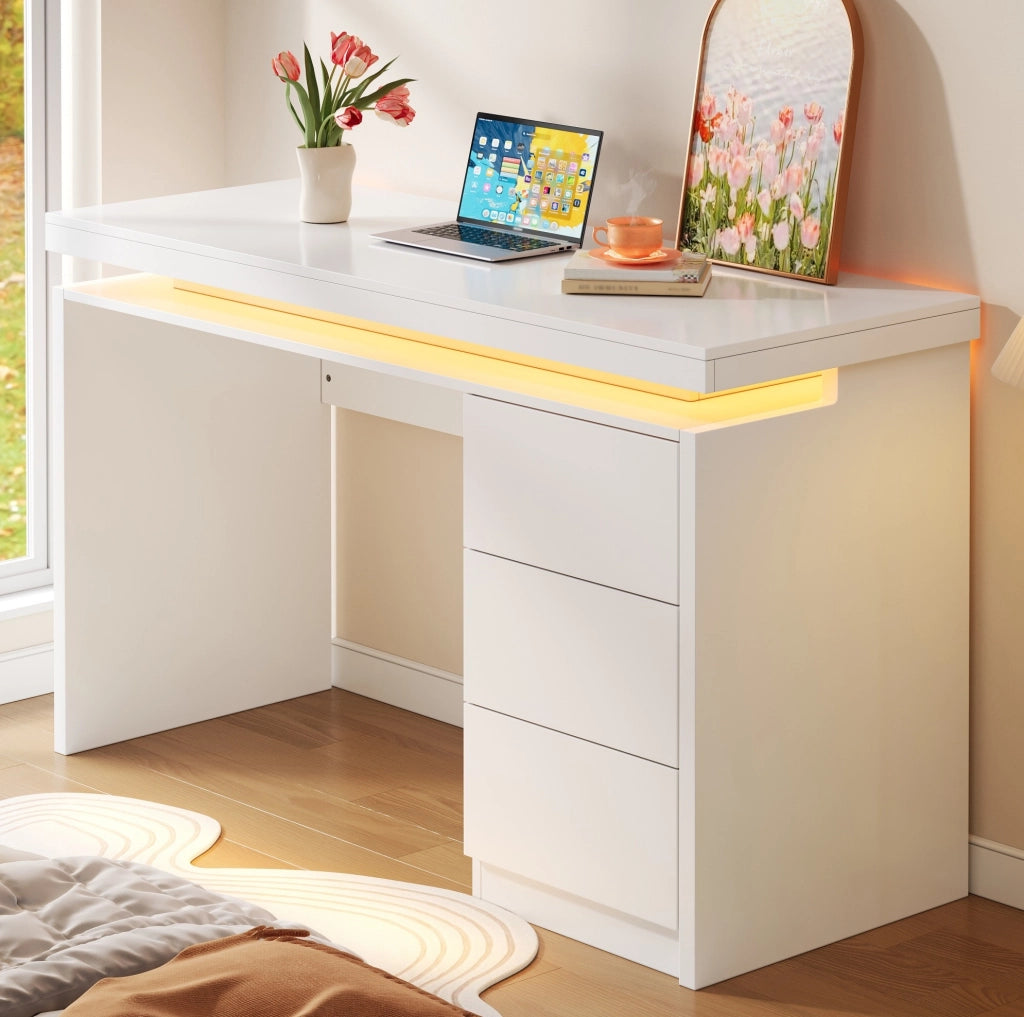 Scrivania LED 120x50x78;5 cm con 3 cassetti; MDF bianco opaco