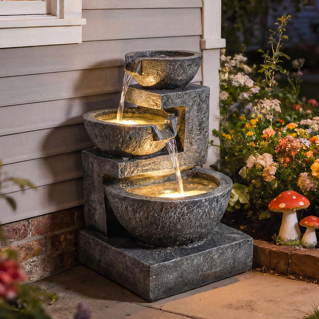 Fontana da Giardino a 3 Livelli con Luce LED ¨C zephmum ¨C 40x37x61 cm Multicolore