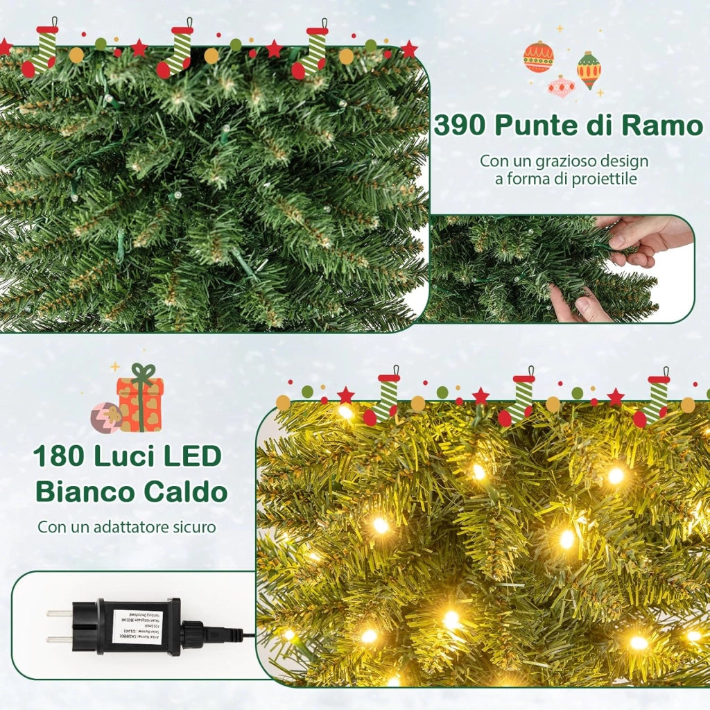 Albero di Natale Slim da 150/180/210 CM, Albero di Natale Artificiale con 296/390/499 Punte di Ramo, 150/180/200 Luci LED Bianche Calde, Supporto Pieghevole in Metallo (180 cm)