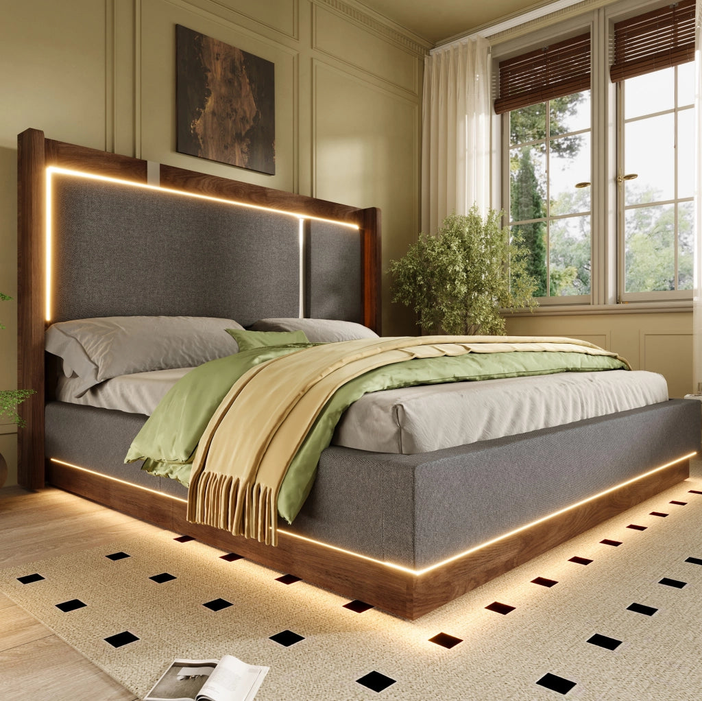 Letto matrimoniale 140x190 cm con contenitore; LED integrato; rivestimento in lino grigio e dettagli noce