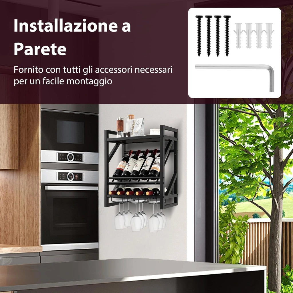 Portabottiglie da Parete, Scaffale Espositivo per Vino Industriale con Portabottiglie a 2 Livelli per 10 Bottiglie, Portabottiglie da Parete Salvaspazio per Cucina, Soggiorno, Sala da Pranzo