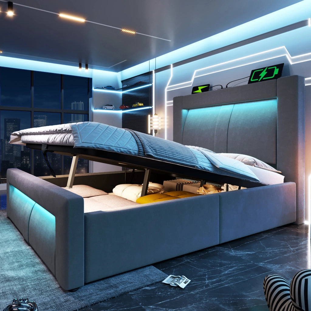 Letto singolo 90x200 cm con vano contenitore, LED e porte di ricarica