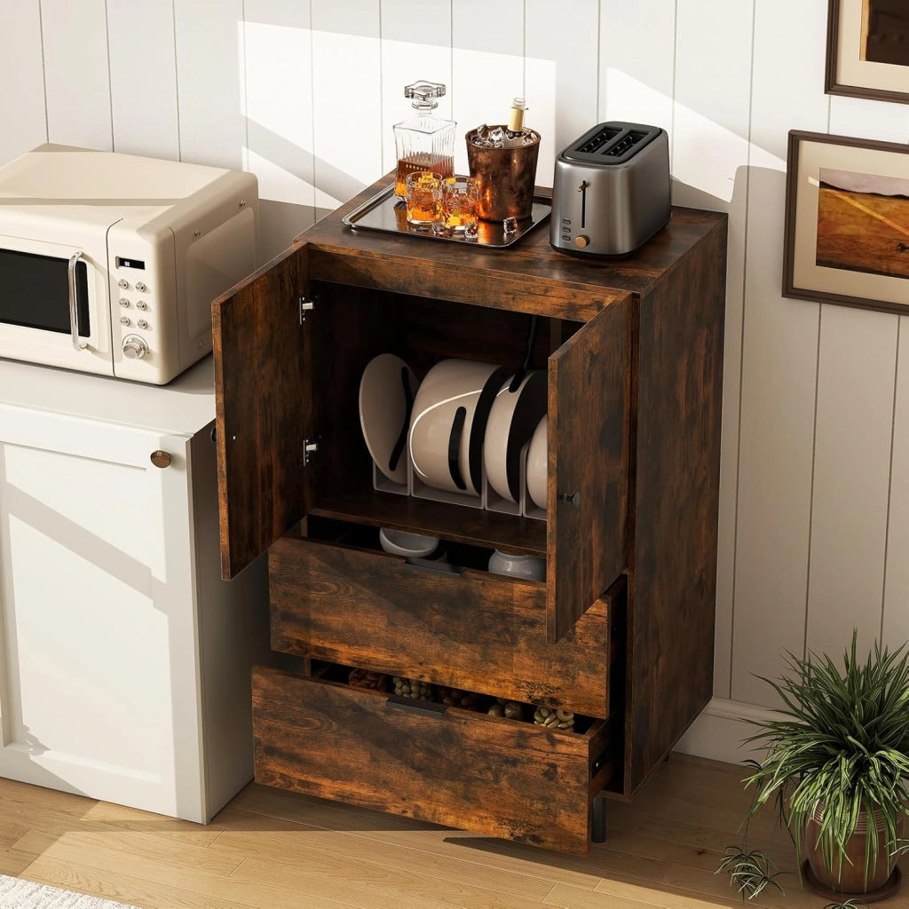 Credenza da cucina, mobile a buffet con 2 cassetti e armadio con ante, armadio con gambe in metallo, per soggiorno, sala da pranzo, corridoio, 60 x 42 x 102 cm (marrone)
