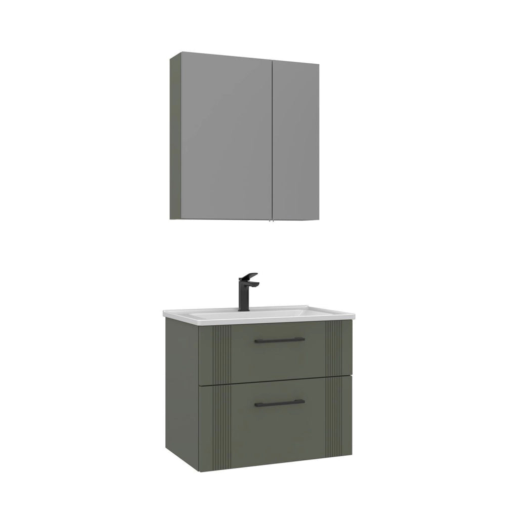 Set mobile lavabo con specchio (2 pezzi) "Bari 65 v2" - 65 x 45 x 55 cm - Verde opaco