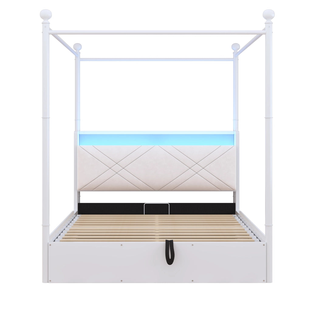 Letto Matrimoniale in Ferro Battuto con Baldacchino e Contenitore Idraulico LED ¨C MINIMAL ¨C Bianco 140x190