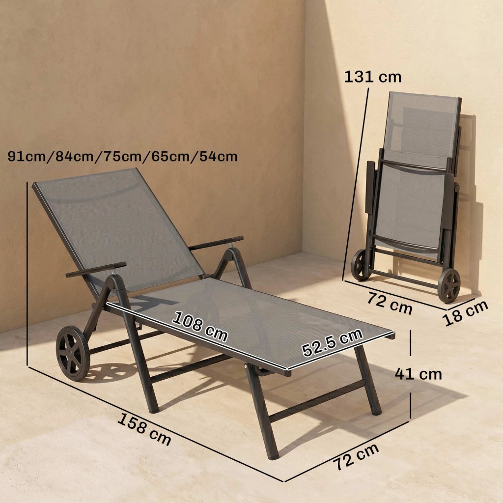 Lettino Sdraio Pieghevole e Reclinabile in 5 Posizioni con Rotelle, in Metallo e Textilene, 72x158x84 cm, Grigio