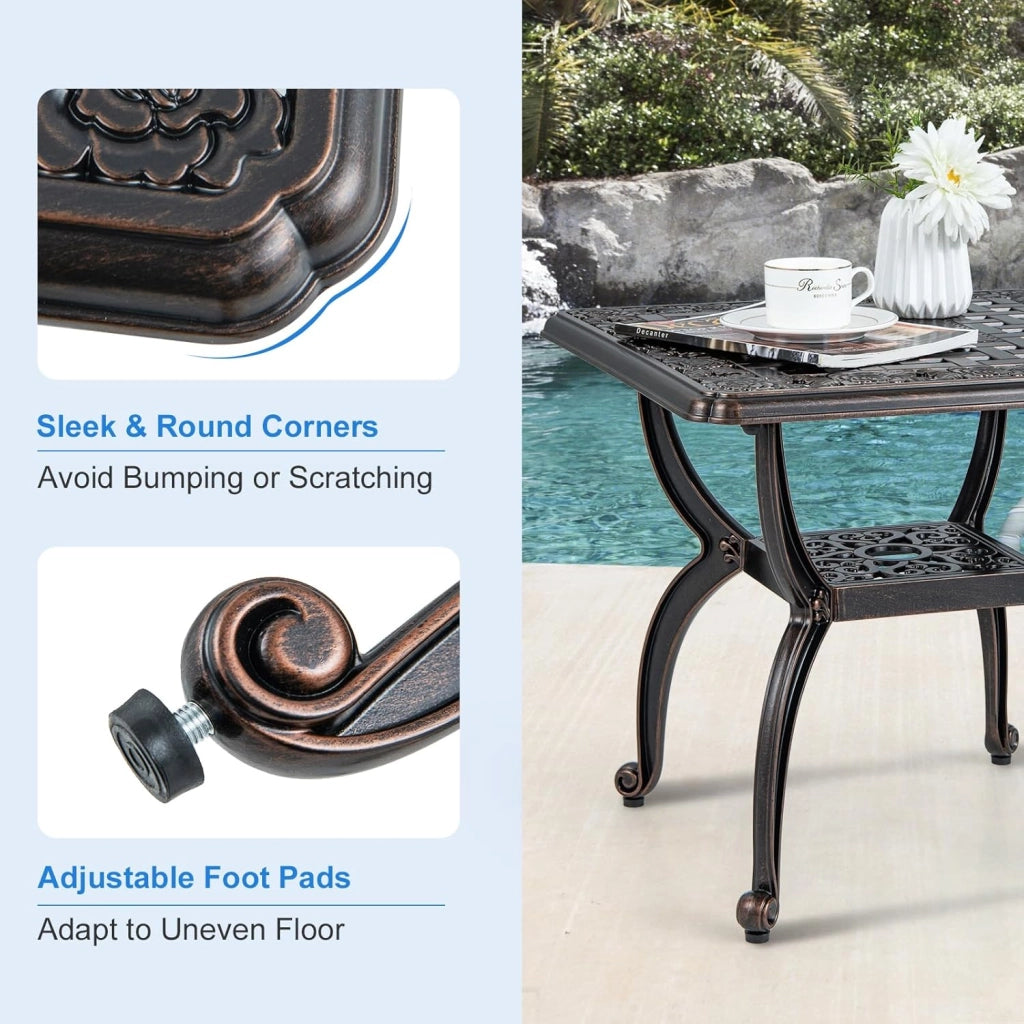 Tavolo da giardino resistente agli agenti atmosferici, in alluminio pressofuso, tavolo da balcone quadrato con ripiano e poggiapiedi regolabili, tavolo da terrazza, tavolino antico per