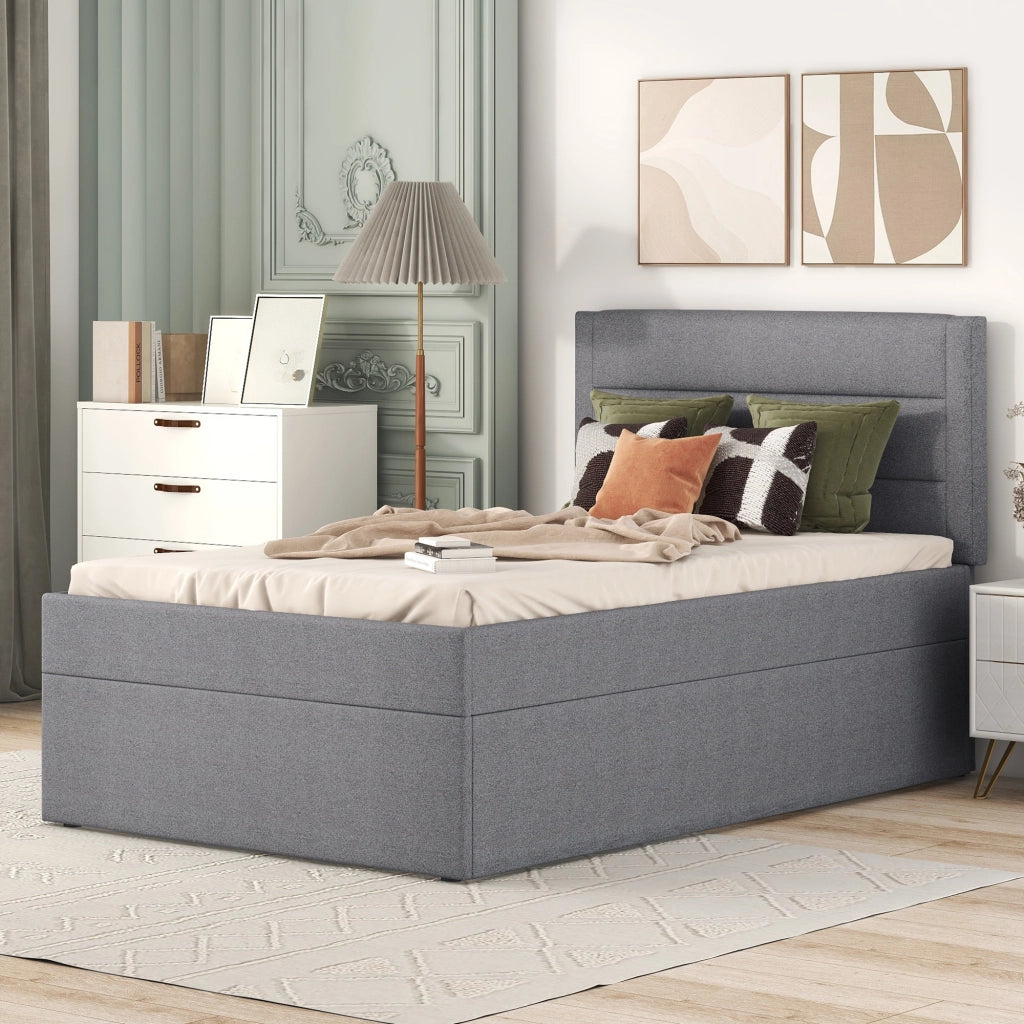 LETTO Imbottito 90x200 cm Grigio con contenitore in lino e MDF