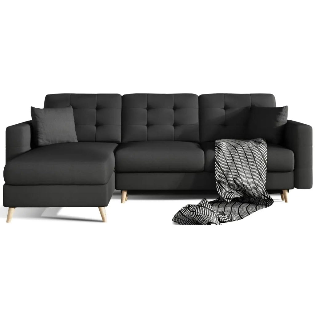 Divano angolare convertibile HASGARD 3 posti nero 248x162 cm - con vano contenitore e piedi in legno