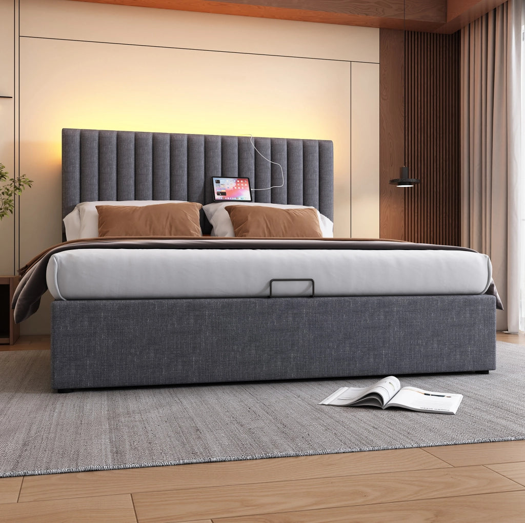 Letto matrimoniale 160x200 grigio con contenitore, LED app e ricarica USB-C
