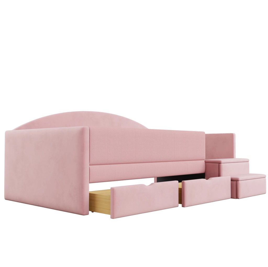 Letto imbottito 90x190 cm con 2 cassetti, sponde di protezione e scaletta rosa