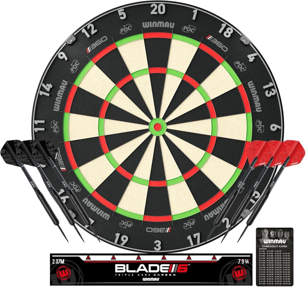 Blade 360 Triple Core Carbon Dartboard Set – Include il Dartboard Blade 360 con 2 set di freccette da 19g con punta in acciaio (1 set nero e 1 set rosso), scheda di finish e altro