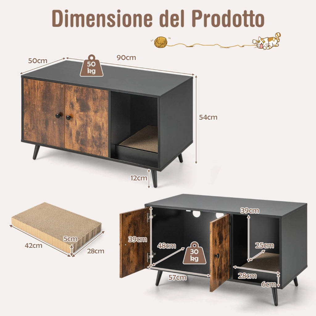 Mobile nascondi lettiera per gatti con scomparto a doppia anta vano aperto e tiragraffi, Casetta per gatti 90x50x54cm-Lettini e divanetti
