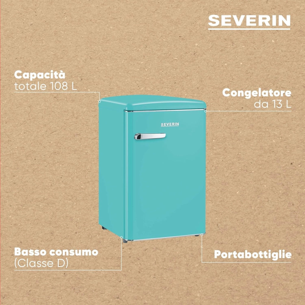 Severin rks 8834 mini frigorifero retrò 108l, frigorifero piccolo e silenzioso con diversi scomparti, congelatore 13l e portabottiglie, 37 db, classe energetica d, turchese