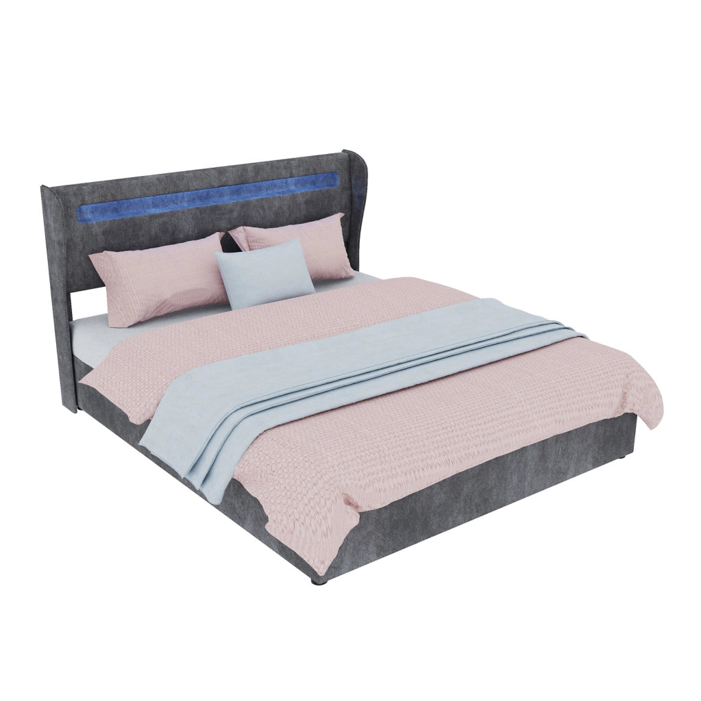 Letto matrimoniale 160x200 cm con testiera regolabile e LED; tessuto e metallo; grigio