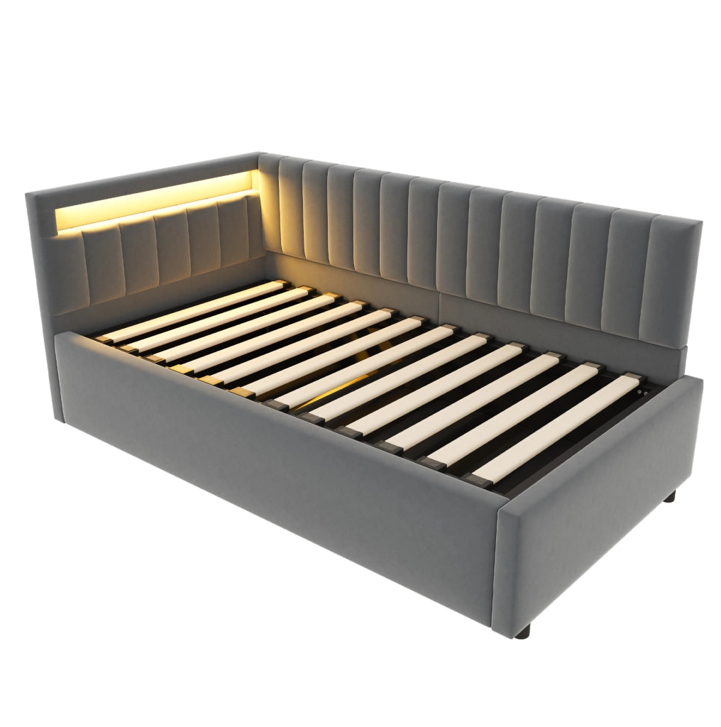 Divano letto imbottito 90x200 cm in velluto grigio con LED e contenitore idraulico