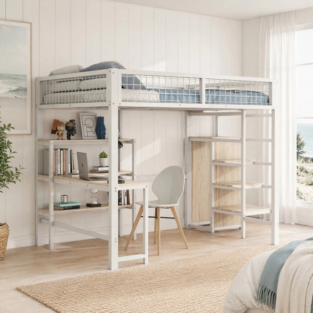 LETTO a soppalco 140x200 cm in MDF e metallo Bianco con scrivania e armadio