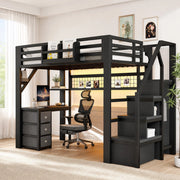 Letto a soppalco ULEVR 140x200 cm con scrivania, armadio, 3 cassetti e LED Bluetooth, nero