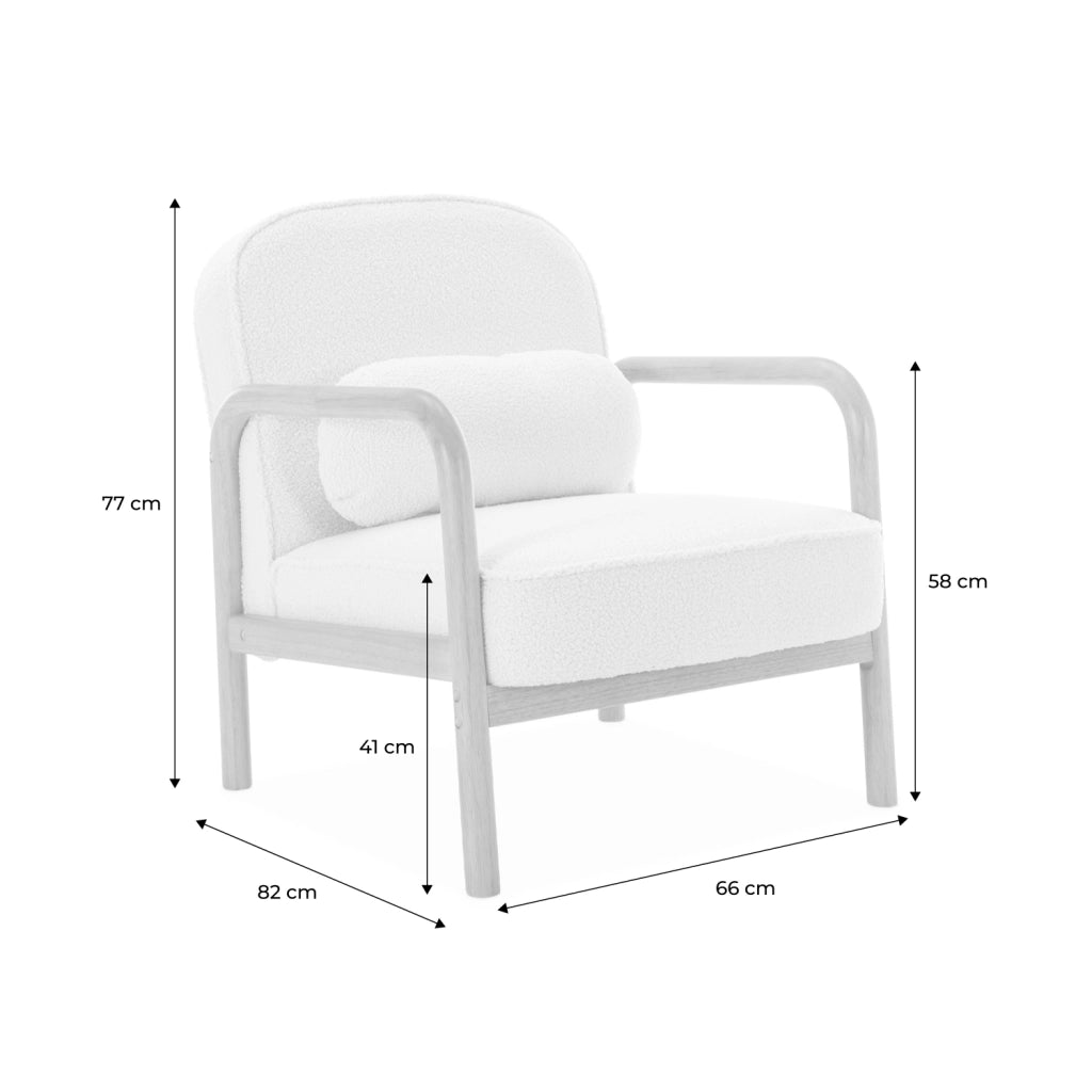 Poltrona scandinava arrotondata in legno di hevea, crema