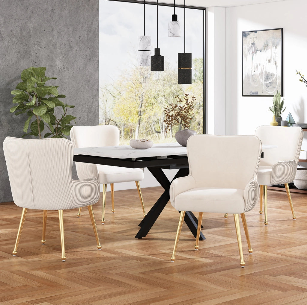 Set 2 sedie da pranzo in velluto beige e oro con braccioli; schienale trapuntato e piedi regolabili