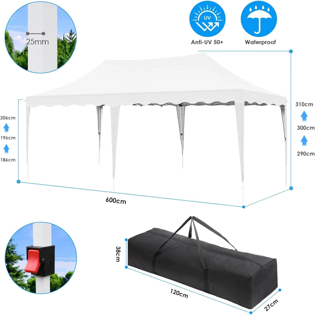 Gazebo 3x6 Pieghevole Impermeabile, altezza 290–300–310 cm, Protezione UV 50+, Tenda con 4 Pareti Laterali, 12 Ganci, 6 Corde e 6 Sacchi di Sabbia, Gazebo da Giardino per Campeggio, Matrimoni, Bianco
