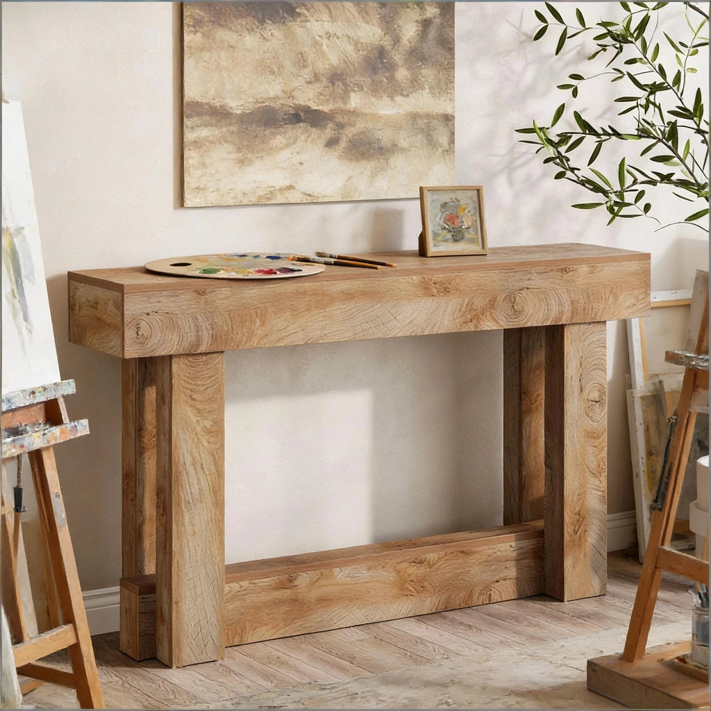 Consolle con base a U e ripiano inferiore, stile vintage, per ingresso e soggiorno, in legno, marrone, 160 × 30 cm