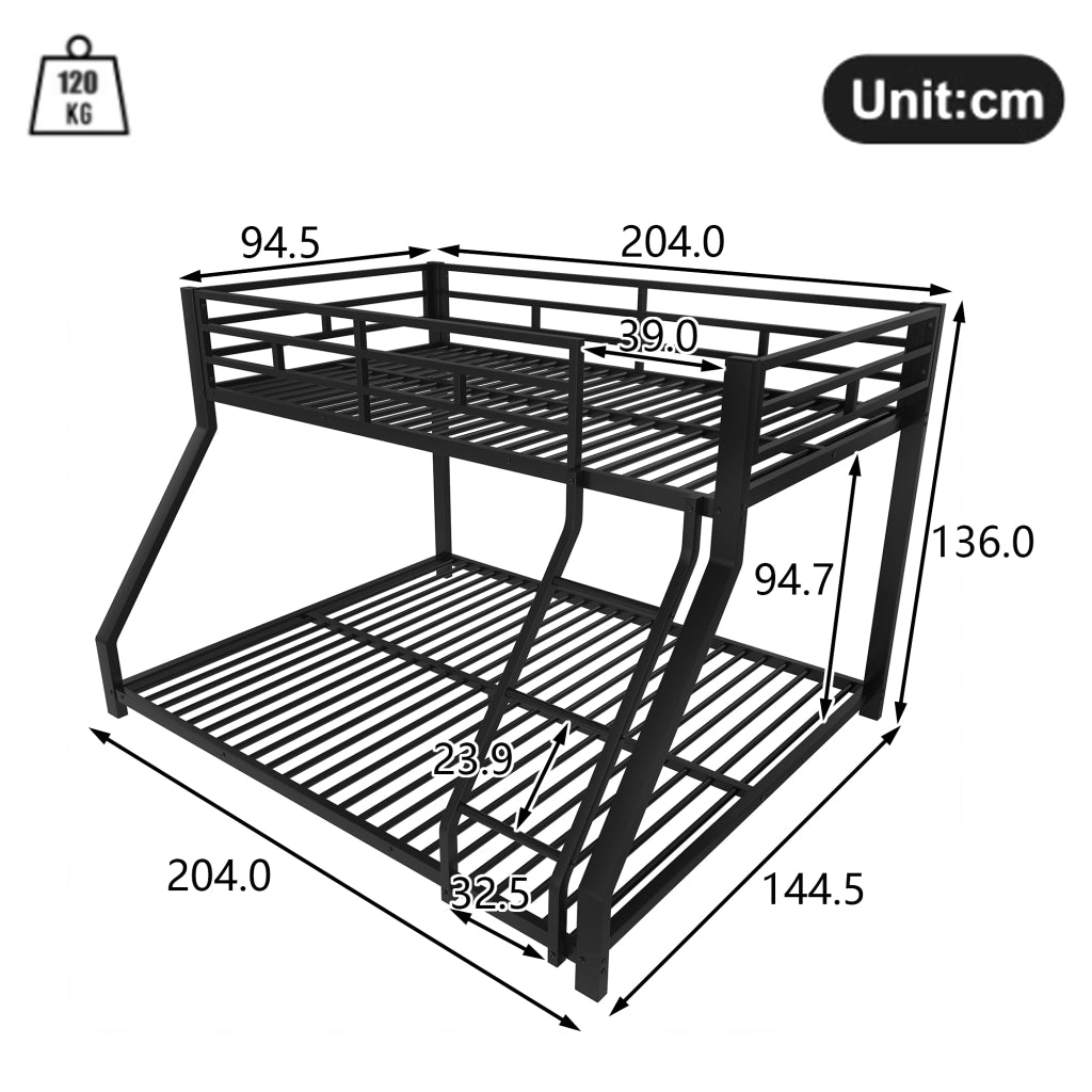 Letto a castello 90×200 cm e 140×200 cm; 2 posti con scala; sponde; senza materasso; metallo nero