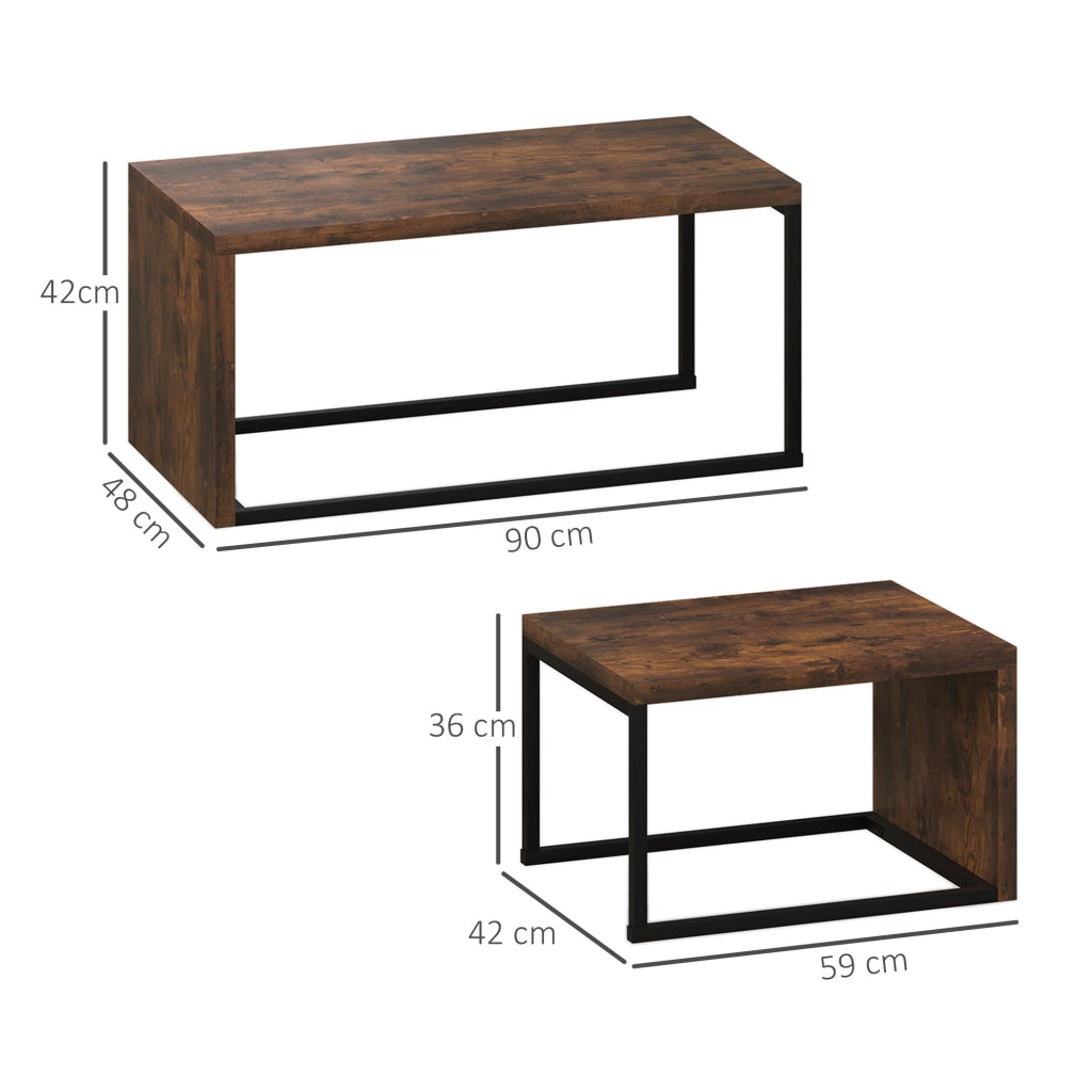 Set di 2 tavolini da salotto in MDF e metallo, colore Rustic Brown, design salvaspazio