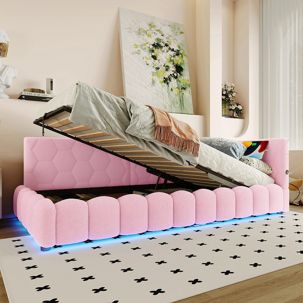 Letto giorno 90x200cm - Xylo - rosa, luci LED, USB-C, sollevamento