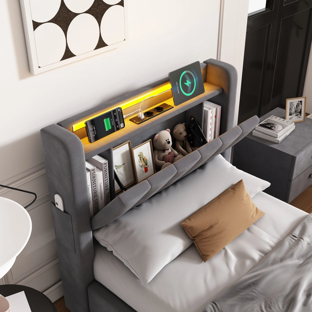 Letto Imbottito 90x190 cm in Velluto con Contenitore Idraulico, LED e Porte USB