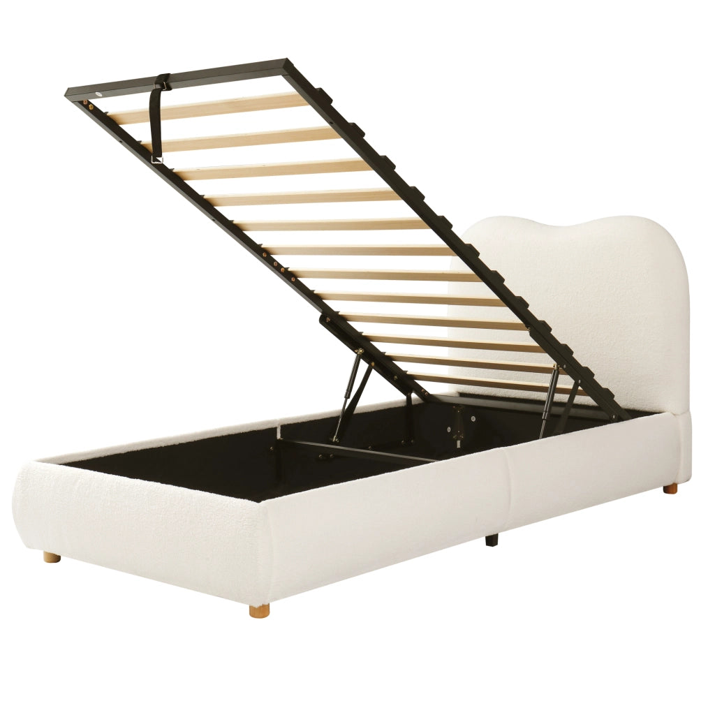 Letto imbottito per bambini 90x200 cm con contenitore idraulico, rete a doghe, testiera imbottita e rivestimento Bouclé beige