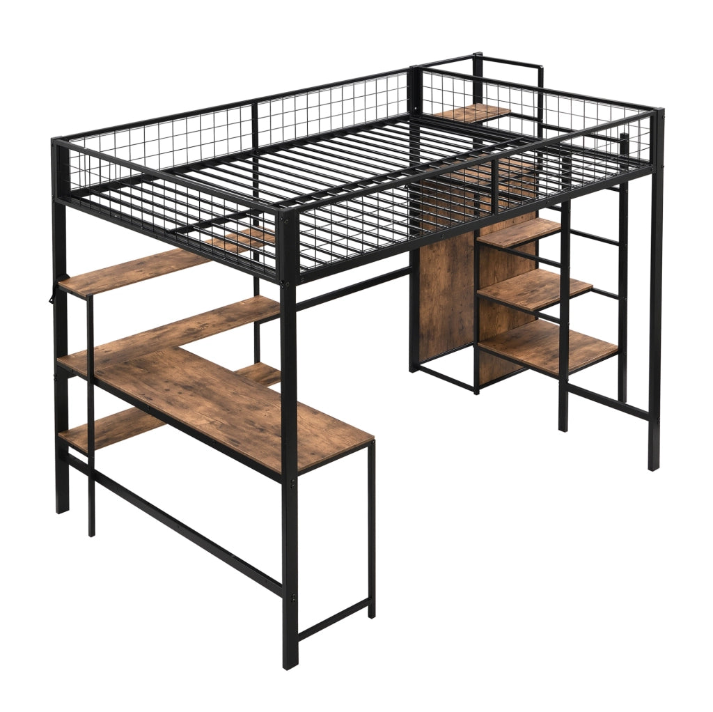 Letto a soppalco ULEVR 140x200 cm con scrivania, ripiani e armadio integrato, MDF e metallo nero e marrone