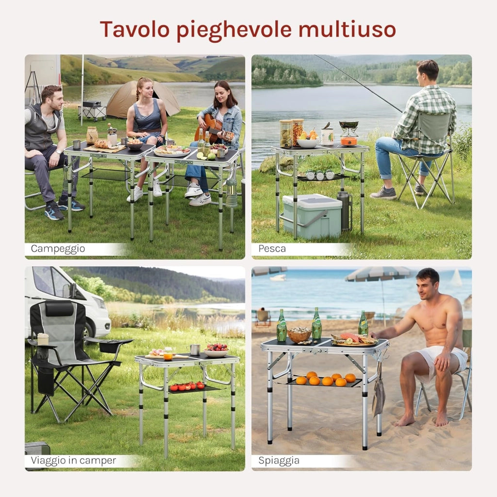 Tavolino Pieghevole Regolabile in Altezza 25/36/50/60 cm, Tavolo da Esterno con Ripiano in Rete Metallica, Piano in MDF 60x40 cm, Telaio in Metallo, per Campeggio, Barbecue, Giardino,Nero