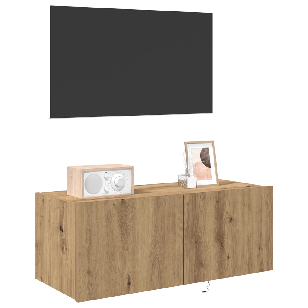 Cabinet da muro per TV  con luci LED Rovere artigianale 80x35x31 cm