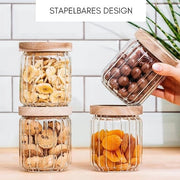 Set di contenitori a stivello con coperchio (500 ml, 4 pezzi), contenitori a chiusura ermetica con coperchio in legno, set di contenitori per la conservazione, contenitori in vetro, set, contenitori a rete.